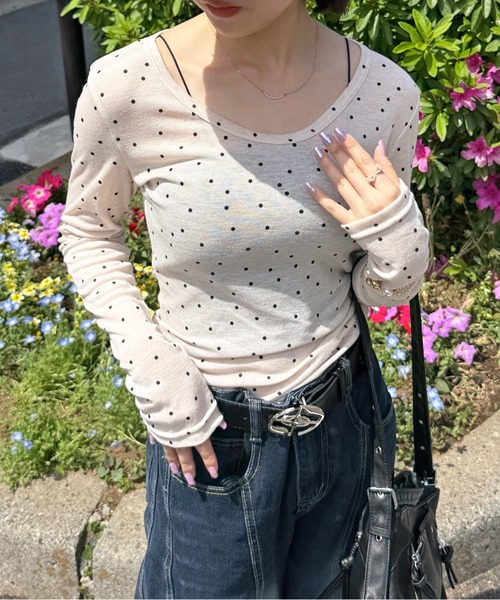 MEMECLE（メメクル）の「【 MEMECLE / メメクル 】ドット Uネックカットソー（Tシャツ/カットソー・レディース・グレー/アイボリー・S/M/L）」の16枚目の写真