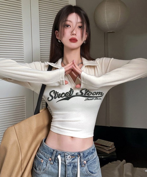 VIBGYOR（ヴィブジョー）の「【EIZZ/アイズ】ポロ襟 クロップド丈 ロゴ ロンT（Tシャツ/カットソー・レディース・ブラック/ブラウン/グレー/オフホワイト・FREE）」の6枚目の写真