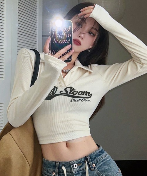 VIBGYOR（ヴィブジョー）の「【EIZZ/アイズ】ポロ襟 クロップド丈 ロゴ ロンT（Tシャツ/カットソー・レディース・ブラック/ブラウン/グレー/オフホワイト・FREE）」の7枚目の写真