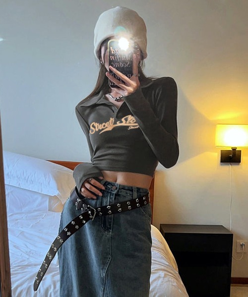 VIBGYOR（ヴィブジョー）の「【EIZZ/アイズ】ポロ襟 クロップド丈 ロゴ ロンT（Tシャツ/カットソー・レディース・ブラック/ブラウン/グレー/オフホワイト・FREE）」の10枚目の写真