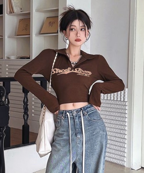 VIBGYOR（ヴィブジョー）の「【EIZZ/アイズ】ポロ襟 クロップド丈 ロゴ ロンT（Tシャツ/カットソー・レディース・ブラック/ブラウン/グレー/オフホワイト・FREE）」の16枚目の写真