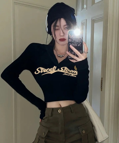 VIBGYOR（ヴィブジョー）の「【EIZZ/アイズ】ポロ襟 クロップド丈 ロゴ ロンT（Tシャツ/カットソー・レディース・ブラック/ブラウン/グレー/オフホワイト・FREE）」の18枚目の写真