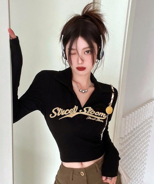 VIBGYOR（ヴィブジョー）の「【EIZZ/アイズ】ポロ襟 クロップド丈 ロゴ ロンT（Tシャツ/カットソー・レディース・ブラック/ブラウン/グレー/オフホワイト・FREE）」の20枚目の写真