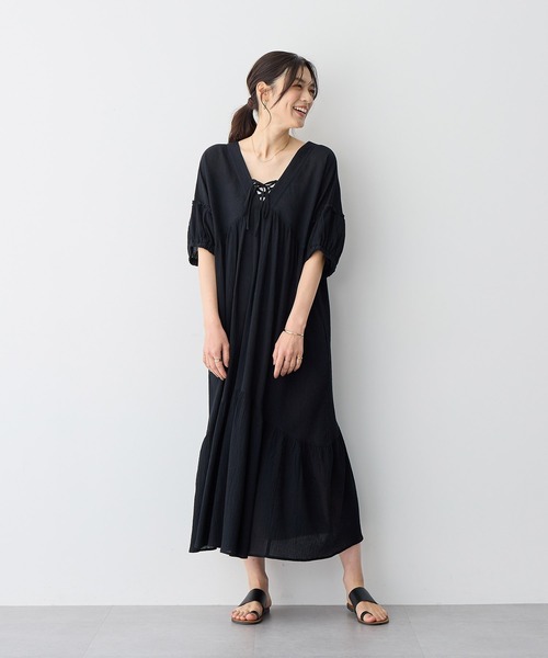 anyfee(エニフィー)の「【anyfee/プラスサイズ】前後2Wayリンクルコットンティアードワンピース(ワンピース・レディース・ブラック/ブルー・5L/4L/3L/LL)」の8枚目の写真