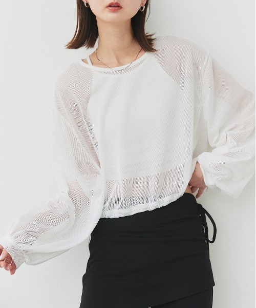 ad thie(アドティエ)の「ショート丈 ドロストメッシュプルオーバー(Tシャツ/カットソー・レディース・ブラック/オフホワイト・FREE)」の1枚目の写真