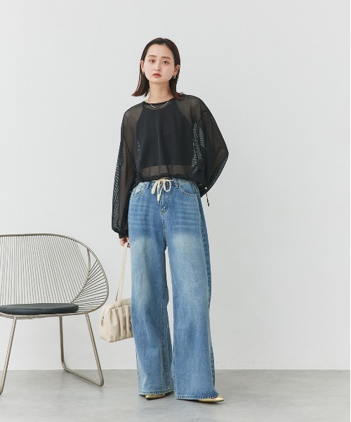 ad thie(アドティエ)の「ショート丈 ドロストメッシュプルオーバー(Tシャツ/カットソー・レディース・ブラック/オフホワイト・FREE)」の3枚目の写真