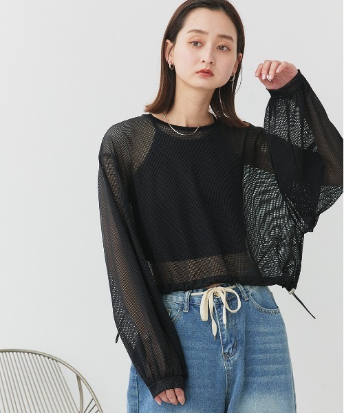 ad thie(アドティエ)の「ショート丈 ドロストメッシュプルオーバー(Tシャツ/カットソー・レディース・ブラック/オフホワイト・FREE)」の7枚目の写真