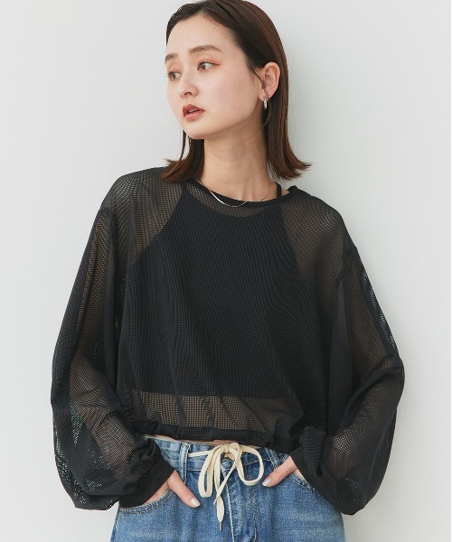 ad thie(アドティエ)の「ショート丈 ドロストメッシュプルオーバー(Tシャツ/カットソー・レディース・ブラック/オフホワイト・FREE)」の12枚目の写真