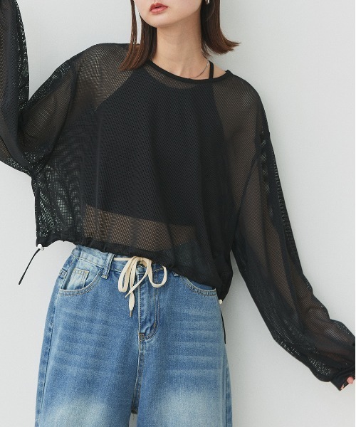 ad thie(アドティエ)の「ショート丈 ドロストメッシュプルオーバー(Tシャツ/カットソー・レディース・ブラック/オフホワイト・FREE)」の13枚目の写真