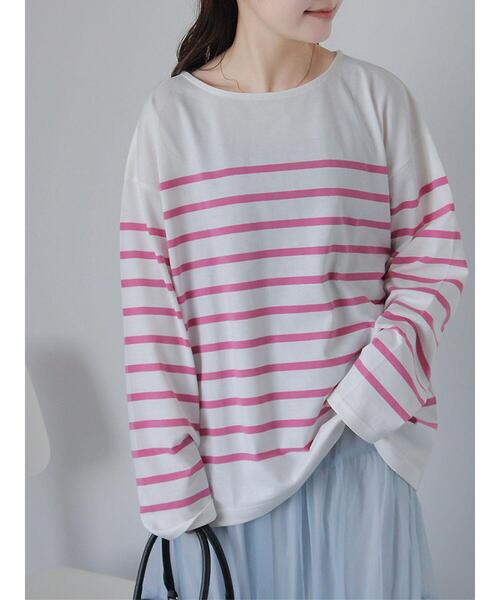 ehka sopo(エヘカソポ)の「オーバーサイズバスクボーダーシャツ(Tシャツ/カットソー・レディース・サックスブルー/ピンク/オフホワイト・F)」の2枚目の写真