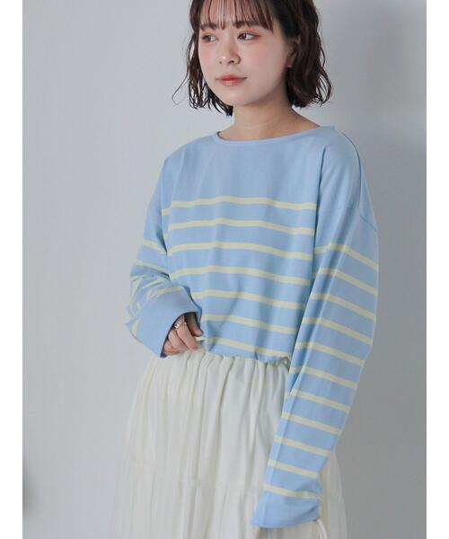 ehka sopo(エヘカソポ)の「オーバーサイズバスクボーダーシャツ(Tシャツ/カットソー・レディース・サックスブルー/ピンク/オフホワイト・F)」の1枚目の写真