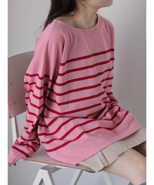 ehka sopo(エヘカソポ)の「オーバーサイズバスクボーダーシャツ(Tシャツ/カットソー・レディース・サックスブルー/ピンク/オフホワイト・F)」の4枚目の写真