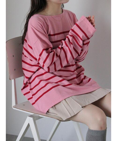 ehka sopo(エヘカソポ)の「オーバーサイズバスクボーダーシャツ(Tシャツ/カットソー・レディース・サックスブルー/ピンク/オフホワイト・F)」の5枚目の写真