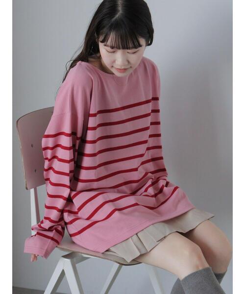 ehka sopo(エヘカソポ)の「オーバーサイズバスクボーダーシャツ(Tシャツ/カットソー・レディース・サックスブルー/ピンク/オフホワイト・F)」の6枚目の写真