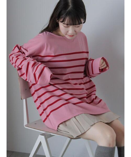 ehka sopo(エヘカソポ)の「オーバーサイズバスクボーダーシャツ(Tシャツ/カットソー・レディース・サックスブルー/ピンク/オフホワイト・F)」の7枚目の写真