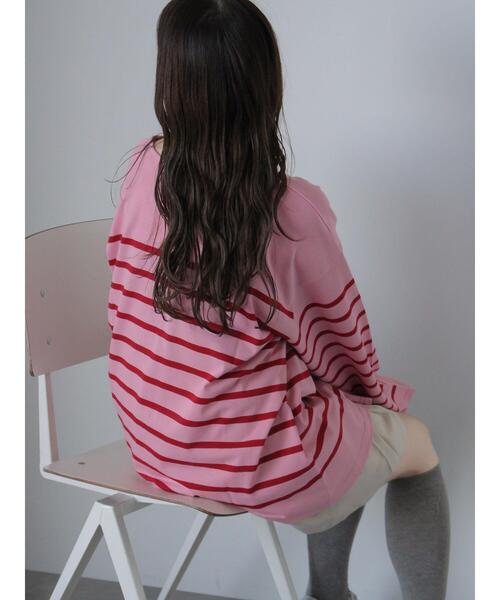 ehka sopo(エヘカソポ)の「オーバーサイズバスクボーダーシャツ(Tシャツ/カットソー・レディース・サックスブルー/ピンク/オフホワイト・F)」の9枚目の写真
