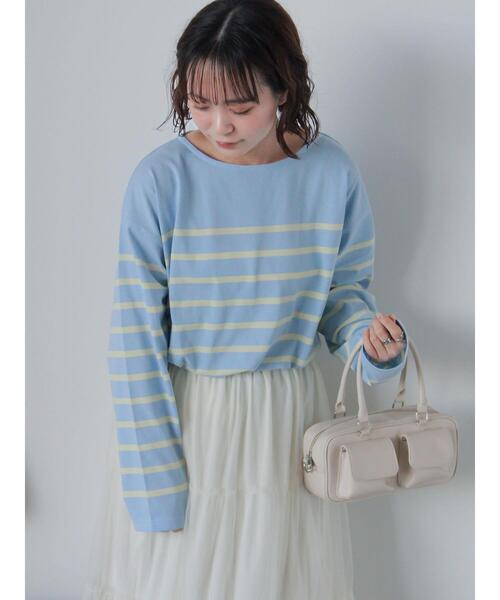 ehka sopo(エヘカソポ)の「オーバーサイズバスクボーダーシャツ(Tシャツ/カットソー・レディース・サックスブルー/ピンク/オフホワイト・F)」の14枚目の写真
