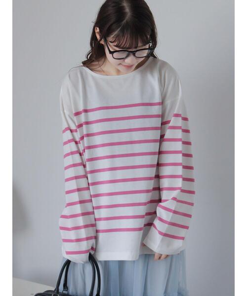ehka sopo(エヘカソポ)の「オーバーサイズバスクボーダーシャツ(Tシャツ/カットソー・レディース・サックスブルー/ピンク/オフホワイト・F)」の20枚目の写真