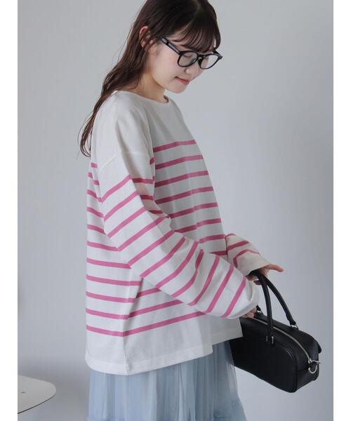 ehka sopo(エヘカソポ)の「オーバーサイズバスクボーダーシャツ(Tシャツ/カットソー・レディース・サックスブルー/ピンク/オフホワイト・F)」の21枚目の写真