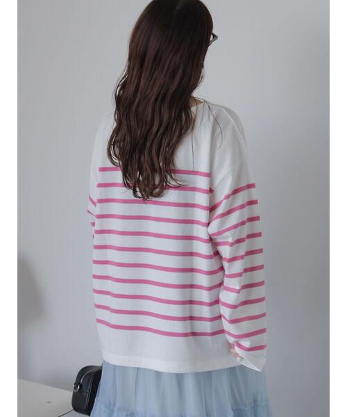 ehka sopo(エヘカソポ)の「オーバーサイズバスクボーダーシャツ(Tシャツ/カットソー・レディース・サックスブルー/ピンク/オフホワイト・F)」の22枚目の写真