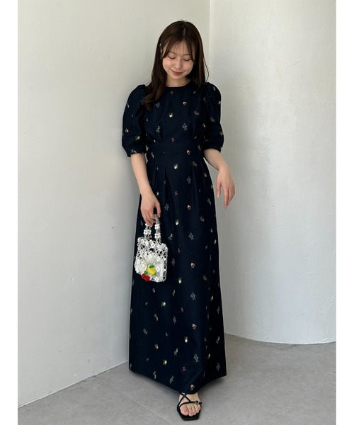 セール】フルーツエンブロイダリーパフスリーブワンピース