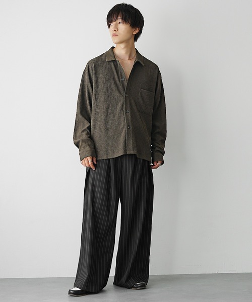 MinoriTY（マイノリティ）の「【MinoriTY】楊柳生地オープンカラールーズフィット長袖＆半袖シャツ メンズ リラックスフィット ルーズシルエット ビッグシルエット 夏服 秋服（シャツ/ブラウス・メンズ・ブルーグリーン/ブラック/ブラウン/グレー/ブルー系その他/ブラウン系その他/グレー系その他/ブラック系その他・S/M/L）」の16枚目の写真