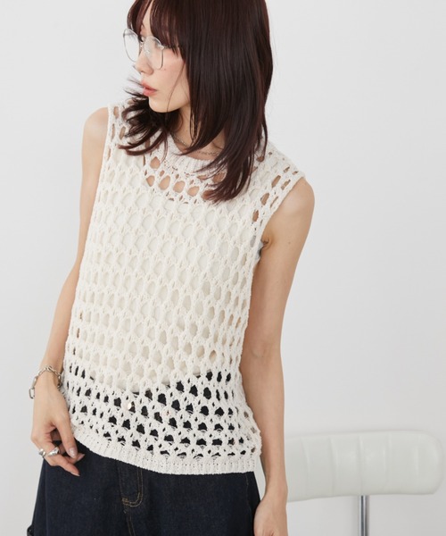 Auntie Rosa Holiday（アンティローザホリデー）の「メッシュニットベスト（ベスト・レディース・ブルー/アイボリー/グレー・FREE）」の6枚目の写真