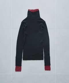 レイヤード袖配色タートルネックニット