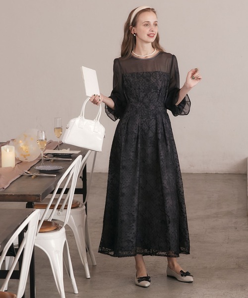 BONLECILL noir】異素材ドッキングキャンディースリーブレースドレス