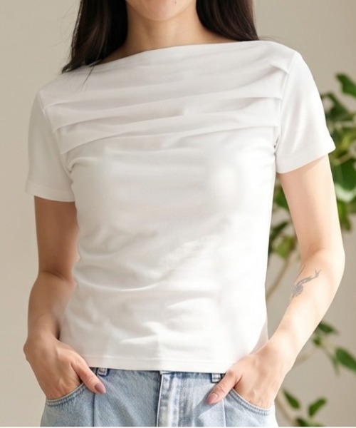 Per sist ence(パーシエンス)の「スムース天竺タックオフショルプルオーバー(Tシャツ/カットソー・レディース・ブラウン/オフホワイト/グレー/ブラック/ピンク・ONE SIZE)」の1枚目の写真