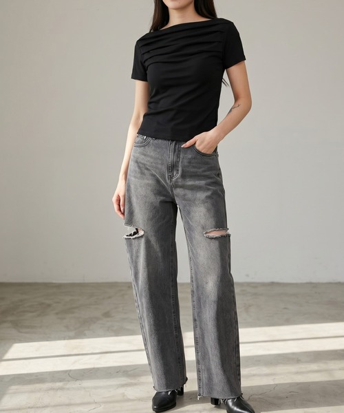 Per sist ence(パーシエンス)の「スムース天竺タックオフショルプルオーバー(Tシャツ/カットソー・レディース・ブラウン/オフホワイト/グレー/ブラック/ピンク・ONE SIZE)」の11枚目の写真