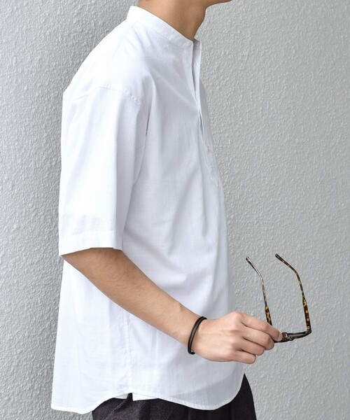 SHIPS any（シップス エニィ）の「SHIPS any: BEZ TEXTILE マルチカラー ストライプ/ソリッド バンドカラー プルオーバー シャツ◇（シャツ/ブラウス・メンズ・ピンク/グリーン/ホワイト/ブルー・X-LARGE/LARGE/MEDIUM/SMALL）」の2枚目の写真