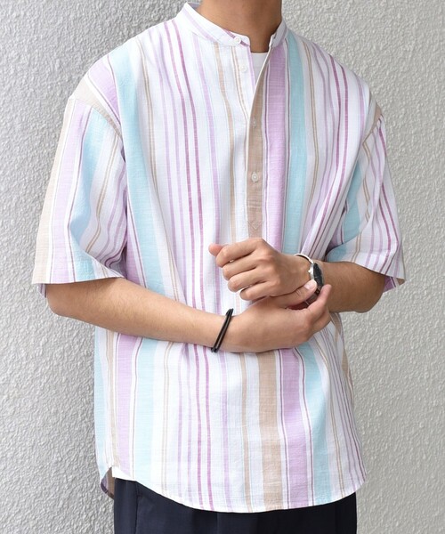 SHIPS any（シップス エニィ）の「SHIPS any: BEZ TEXTILE マルチカラー ストライプ/ソリッド バンドカラー プルオーバー シャツ◇（シャツ/ブラウス・メンズ・ピンク/グリーン/ホワイト/ブルー・X-LARGE/LARGE/MEDIUM/SMALL）」の4枚目の写真