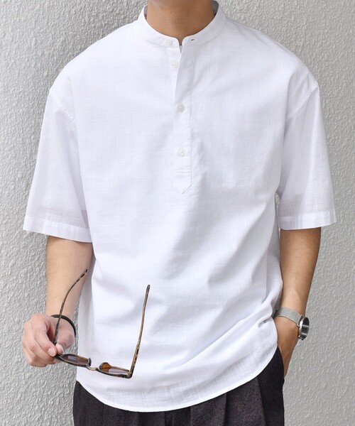 SHIPS any（シップス エニィ）の「SHIPS any: BEZ TEXTILE マルチカラー ストライプ/ソリッド バンドカラー プルオーバー シャツ◇（シャツ/ブラウス・メンズ・ピンク/グリーン/ホワイト/ブルー・X-LARGE/LARGE/MEDIUM/SMALL）」の6枚目の写真