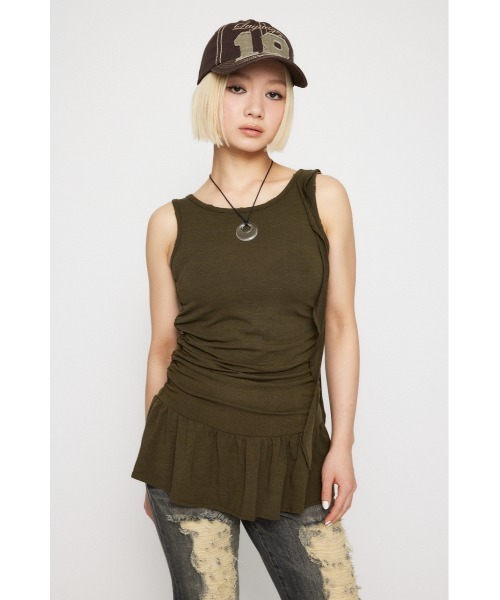 LAGUA GEM（ラグアジェム）の「CRASH POINT FRILL チュニック（Tシャツ/カットソー・レディース・チャコールグレー/ライトベージュ/カーキ・FREE）」の9枚目の写真
