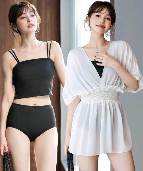 セール】レディース水着 半袖シャーリングシアーワンピース+ダブル