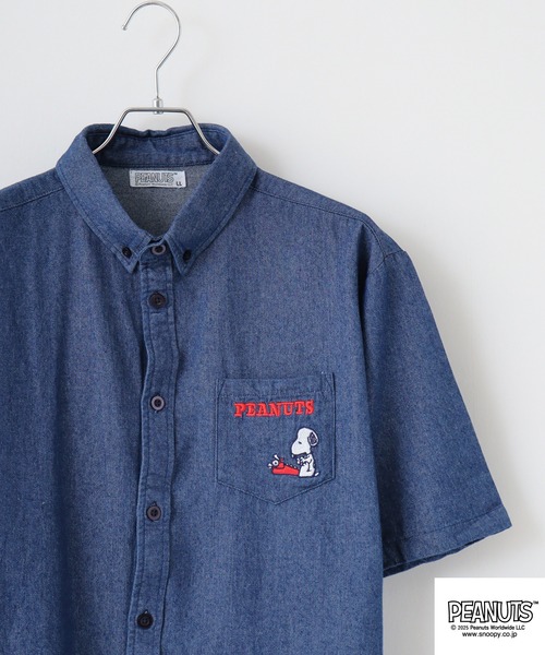 PEANUTS(ピーナッツ)の「PEANUTS 刺繍デニム半袖シャツ(シャツ/ブラウス・メンズ・ブルー系/ネイビー/ブルー/ネイビー系・M/L/LL)」の3枚目の写真