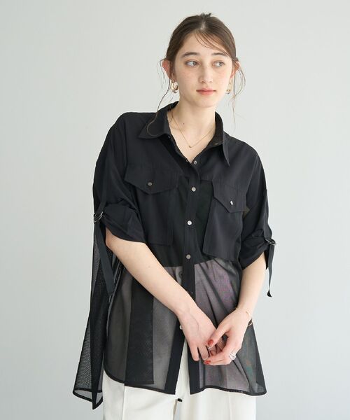 Editt by YECCA VECCA(エディットバイイェッカヴェッカ)の「メッシュMIXデザインシャツ②(シャツ/ブラウス・レディース・ブラック/カーキ・FREE)」の2枚目の写真
