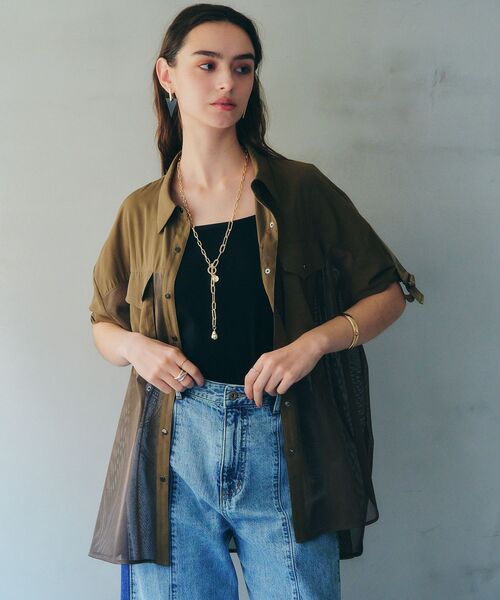 Editt by YECCA VECCA(エディットバイイェッカヴェッカ)の「メッシュMIXデザインシャツ②(シャツ/ブラウス・レディース・ブラック/カーキ・FREE)」の6枚目の写真