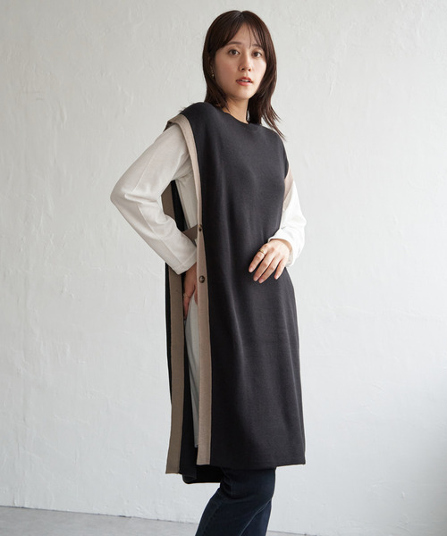 ikka（イッカ）の「【2点セット】サイドボタンニットベストセットワンピース（ワンピース・レディース・ブラック/グリーン系その他/モカ・M/L/S）」の4枚目の写真