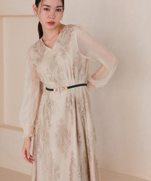 結婚式 お呼ばれ 二次会 謝恩会 成人式 同窓会 対応 20代 30代 クラシカル エンブロイダリー 刺繍シアー袖 Vネック ウエスト切替 体型カバーロングドレス パーティードレス オケージョンドレス