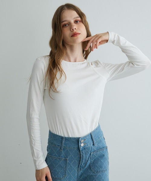 Mirette(ミレット)の「ショルダースリットロンT / Shoulder Slit Long Sleeve Tee(Tシャツ/カットソー・レディース・ブラック/オリーブ/ホワイト・FREE)」の6枚目の写真