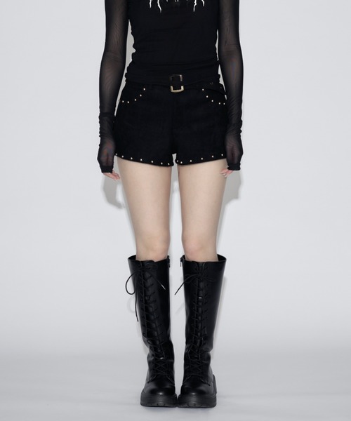 tinkerend(ティンカーエンド)の「Wide Belt Velvet Studded Shorts / ワイドベルトベルベットスタッズショーツ(スウェットパンツ・レディース・ブラック・2/1)」の5枚目の写真