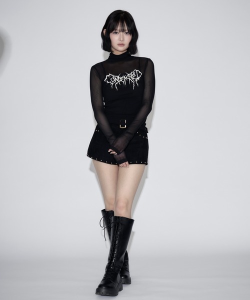 tinkerend(ティンカーエンド)の「Wide Belt Velvet Studded Shorts / ワイドベルトベルベットスタッズショーツ(スウェットパンツ・レディース・ブラック・2/1)」の3枚目の写真