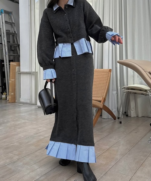 WILL FULLY シャツドッキング　フリルカフスニットカーディガン shirt docking pleats frill cuffs knit CD（カーディガン/ボレロ