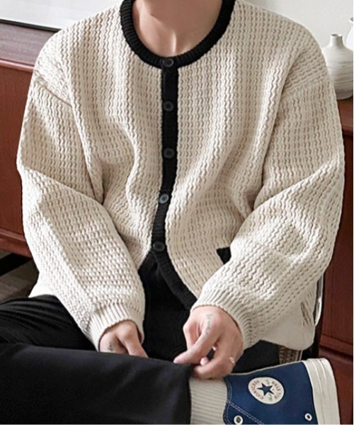 NOWLE】バイカラー パイピング ニット カーディガン（カーディガン