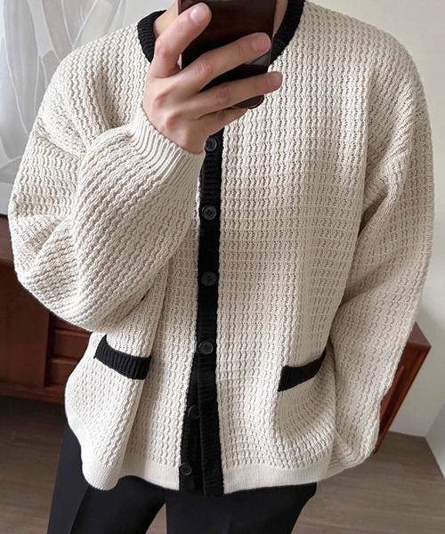 NOWLE（ノウル）の「【NOWLE】バイカラー パイピング ニット カーディガン（カーディガン/ボレロ・メンズ・オフホワイト・MEDIUM/LARGE/X-LARGE）」の8枚目の写真