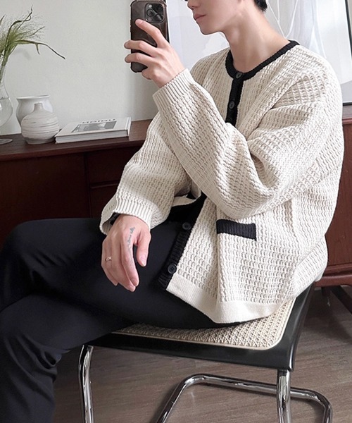 NOWLE（ノウル）の「【NOWLE】バイカラー パイピング ニット カーディガン（カーディガン/ボレロ・メンズ・オフホワイト・MEDIUM/LARGE/X-LARGE）」の17枚目の写真