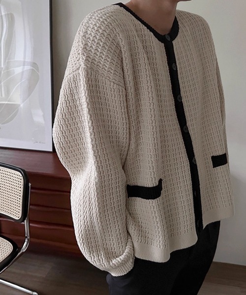 NOWLE（ノウル）の「【NOWLE】バイカラー パイピング ニット カーディガン（カーディガン/ボレロ・メンズ・オフホワイト・MEDIUM/LARGE/X-LARGE）」の16枚目の写真