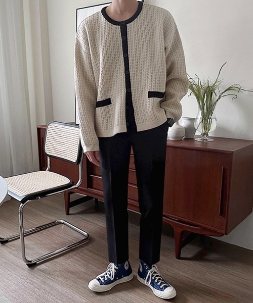 NOWLE（ノウル）の「【NOWLE】バイカラー パイピング ニット カーディガン（カーディガン/ボレロ・メンズ・オフホワイト・MEDIUM/LARGE/X-LARGE）」の9枚目の写真